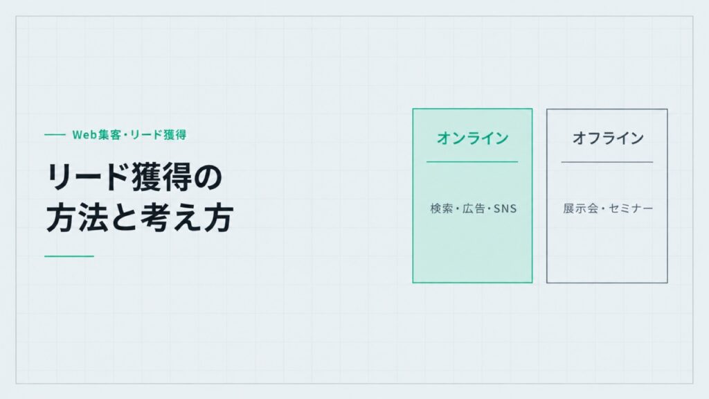 リード獲得の方法と考え方。オンライン(検索・広告・SNS)とオフライン(展示会・セミナー)を左右に並べた比較図。